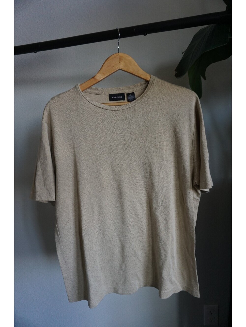 Claiborne Beige Textured Knit Crew Neck Short Sleeve T-Shirt Large Rayon Cotton